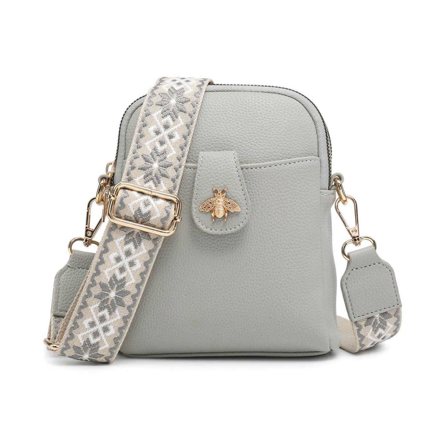 B23001 Bee Cross Body Handbag with double zip top sections: Beige