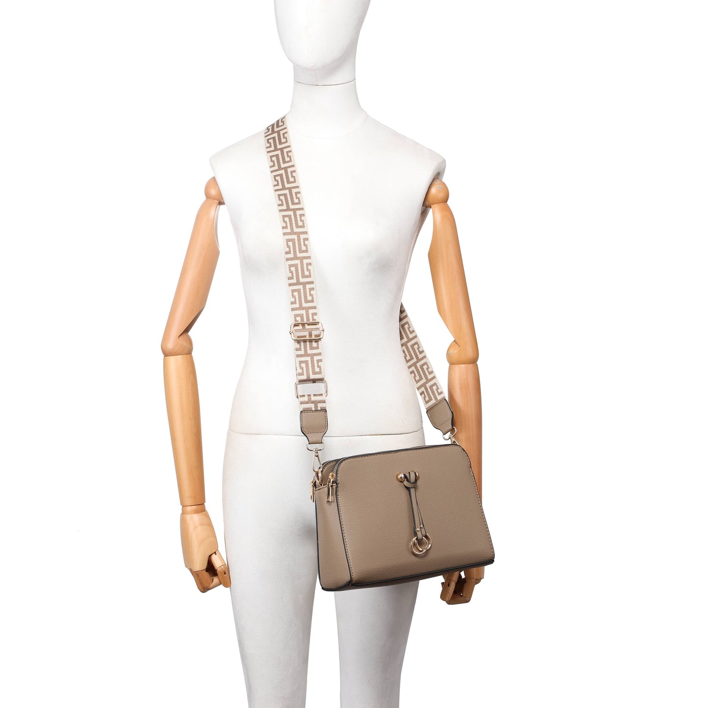 B23005-SS-Triple Zipped Sections Canvas Strap Cross Body Bag: Light Grey