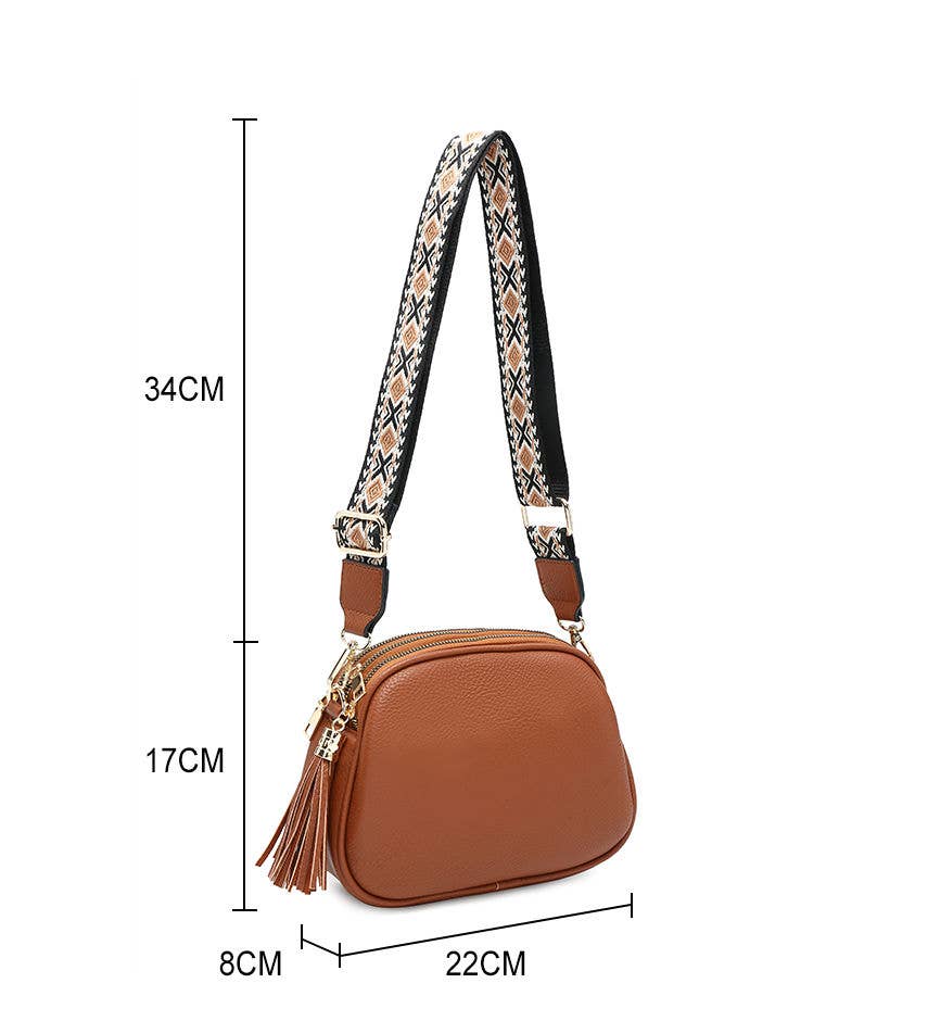 B23007 Cross Body Handbag with three zip top sections: Black