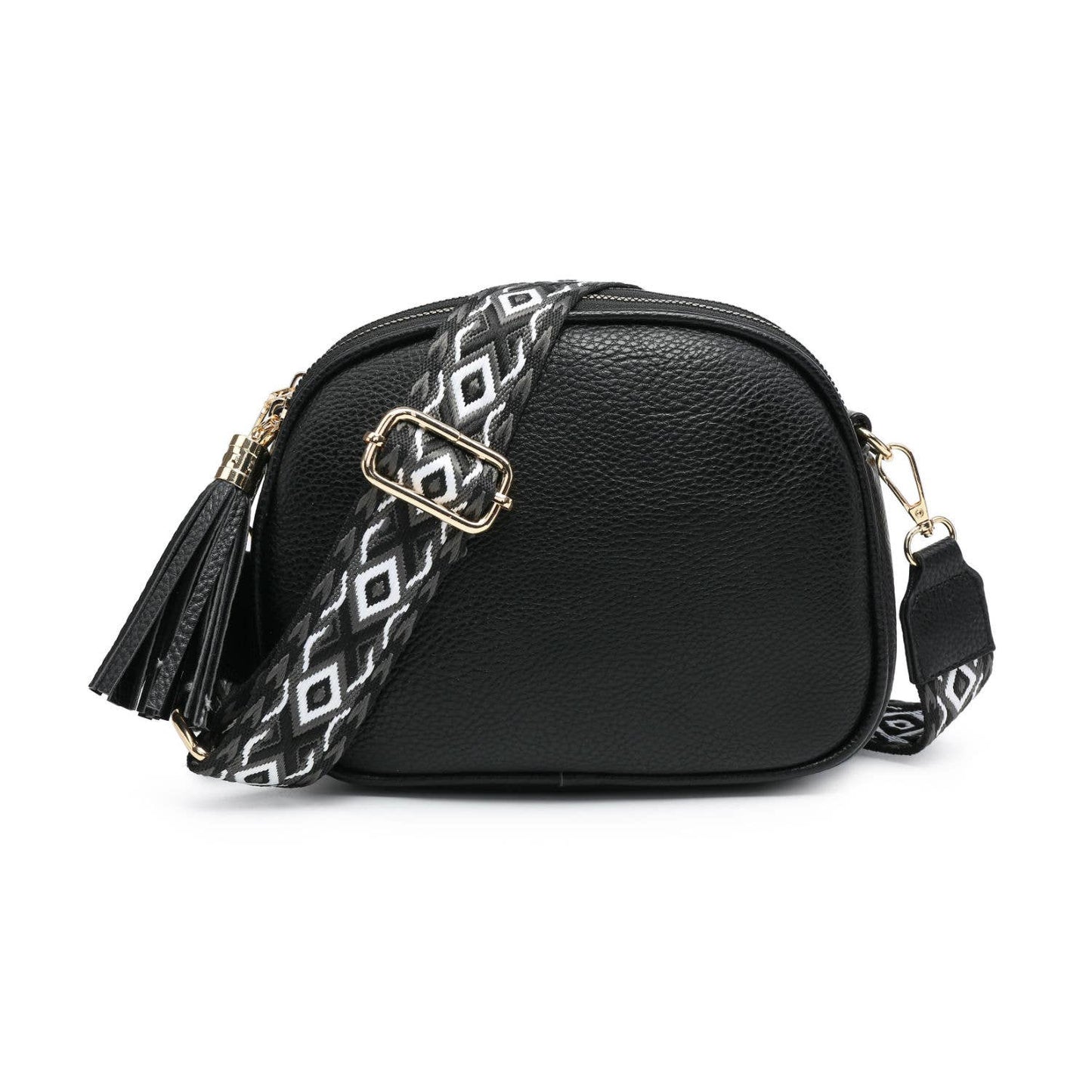 B23007 Cross Body Handbag with three zip top sections: Black