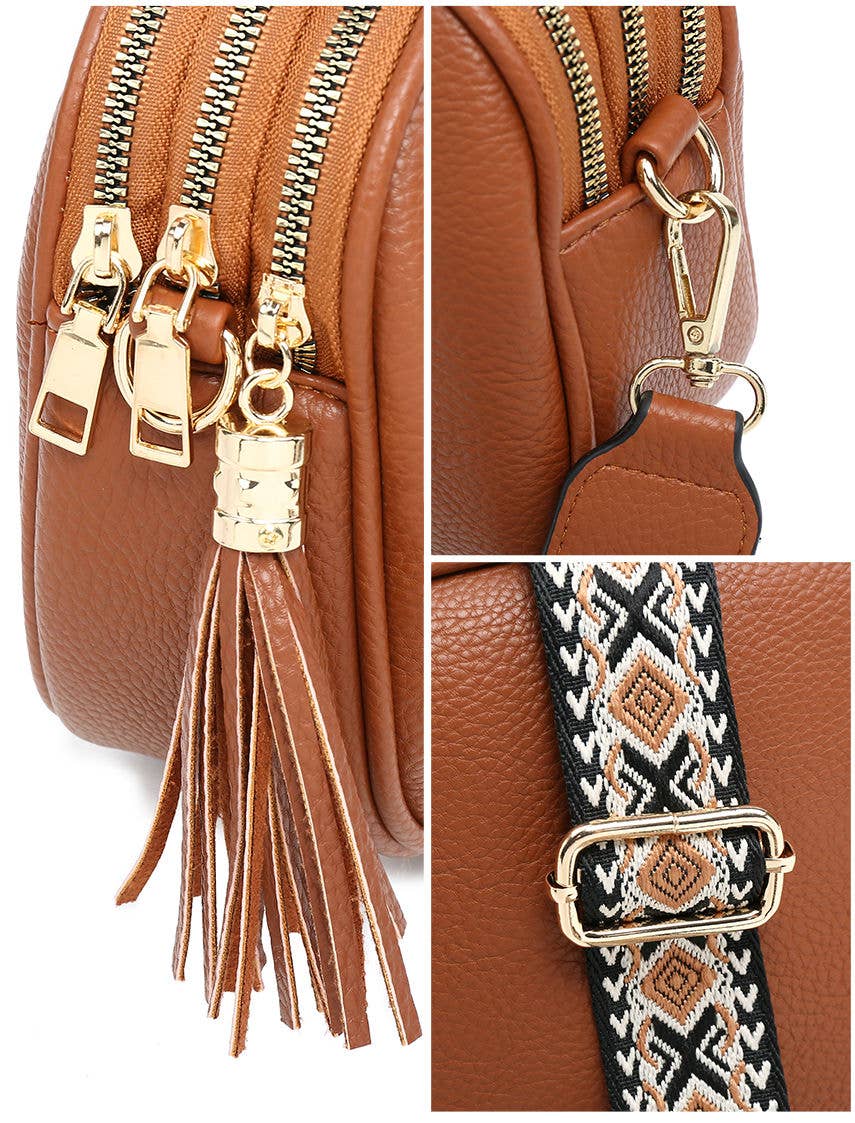 B23007 Cross Body Handbag with three zip top sections: Black