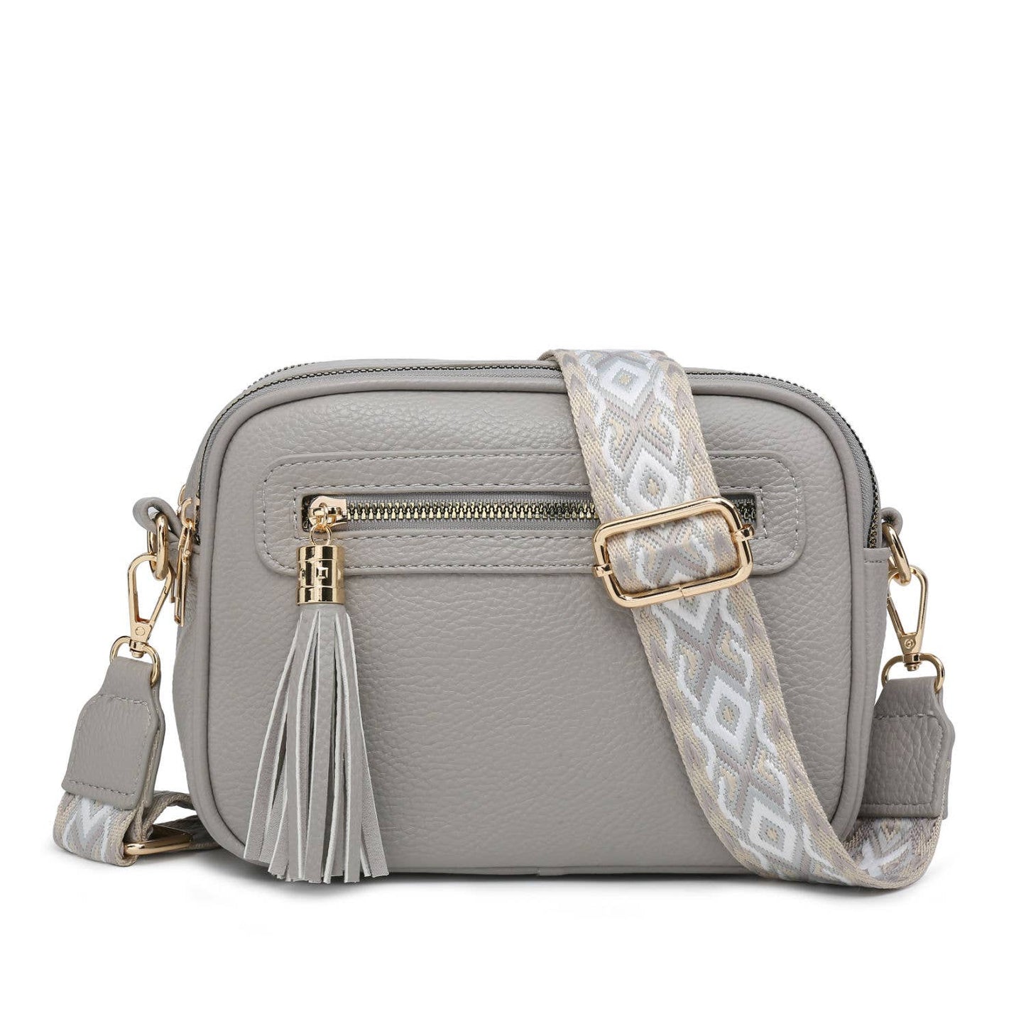 B23006 Cross Body Handbag with double zip top sections: Brown