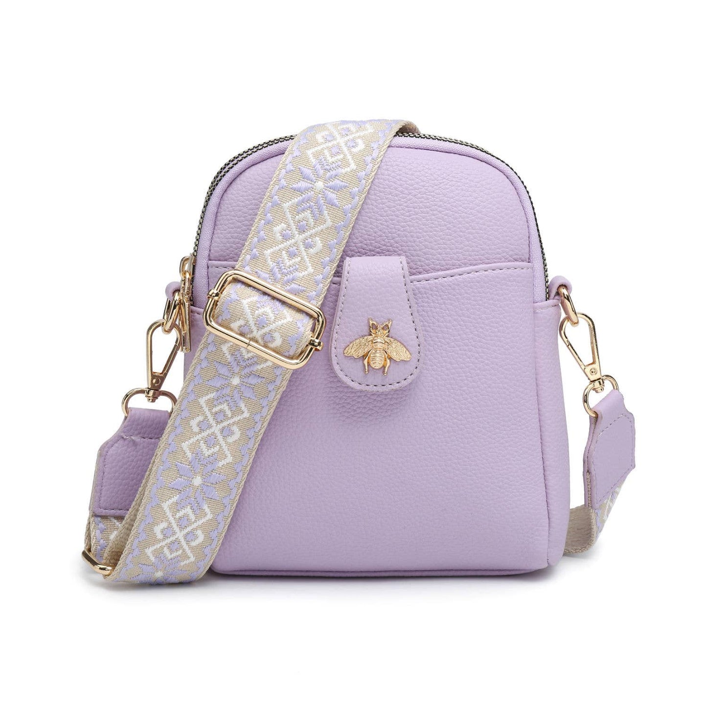 B23001 Bee Cross Body Handbag with double zip top sections: Beige
