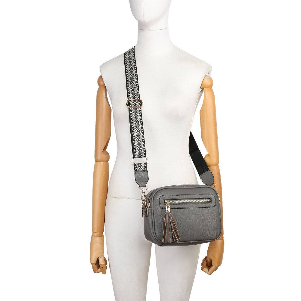 B23006 Cross Body Handbag with double zip top sections: Beige