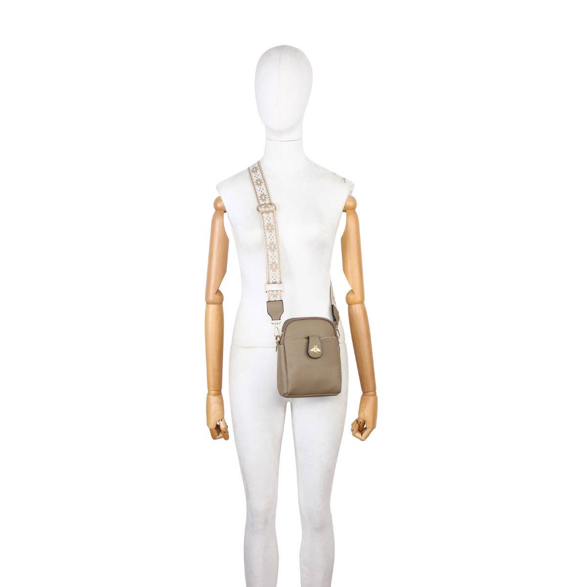B23001 Bee Cross Body Handbag with double zip top sections: Beige