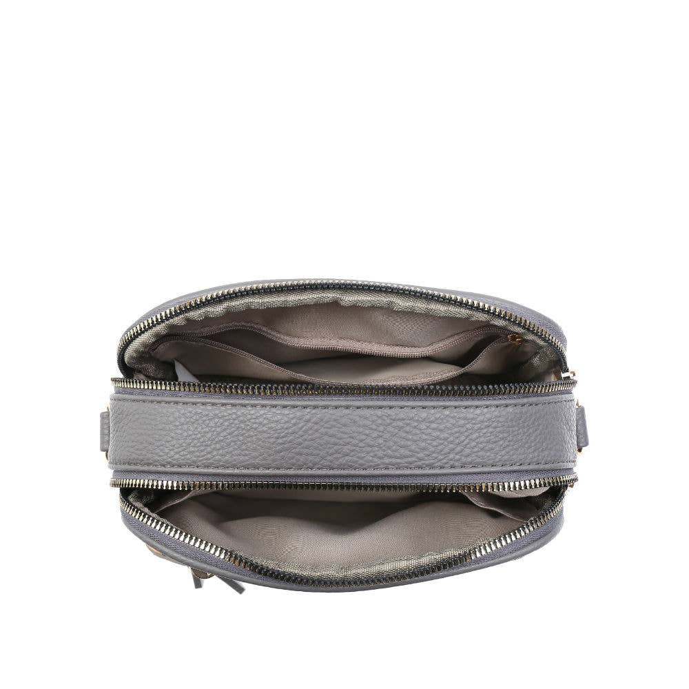 B23006 Cross Body Handbag with double zip top sections: Beige