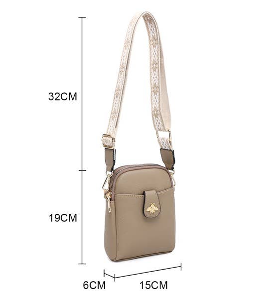 B23001 Bee Cross Body Handbag with double zip top sections: Beige