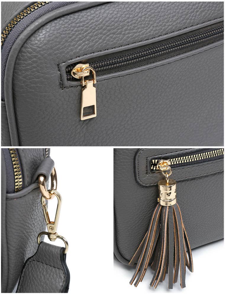 B23006 Cross Body Handbag with double zip top sections: Brown