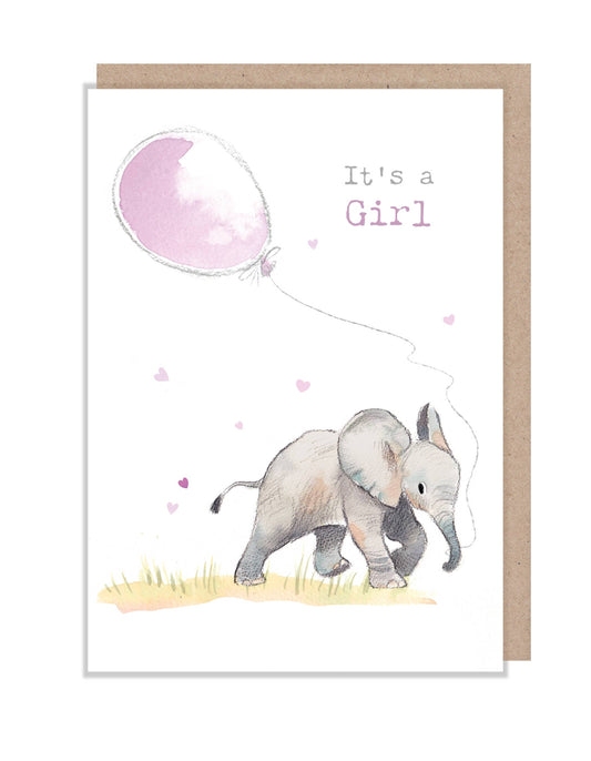 Baby Girl Card - Elephant with pink balloon - WWE028