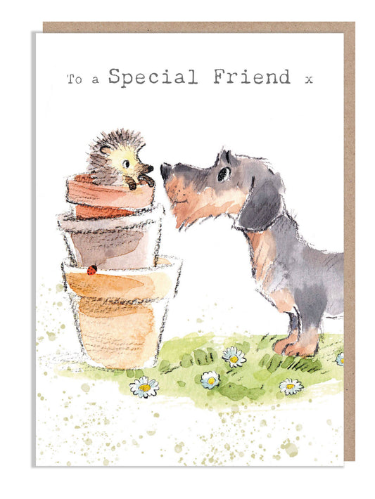 Friend Card - Sausage Dog With Flowers Pots And Hedgehog