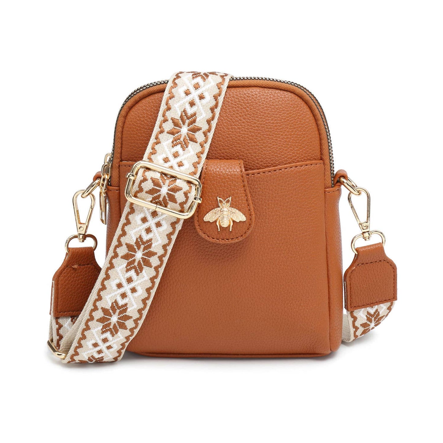 B23001 Bee Cross Body Handbag with double zip top sections: Beige