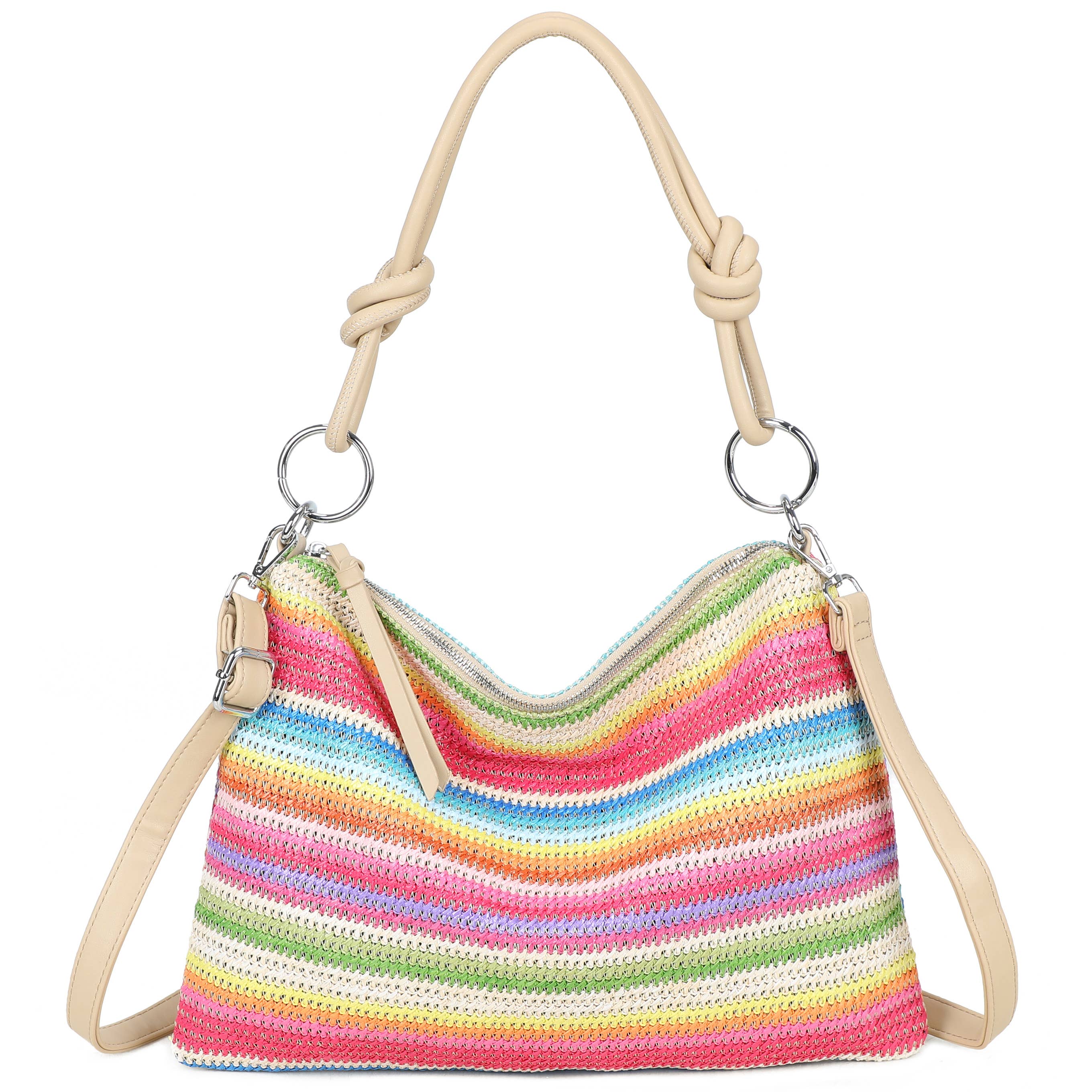 H681-4 Natural Straw Stripe Shoulder Bag with Knot Handle: Dark Rainbow
