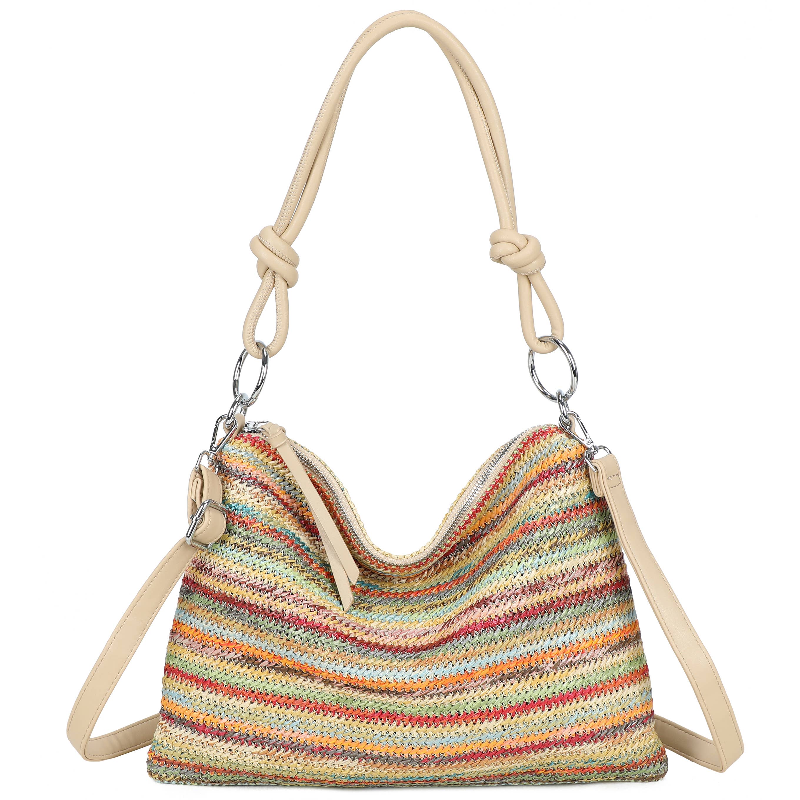 H681-4 Natural Straw Stripe Shoulder Bag with Knot Handle: Beige