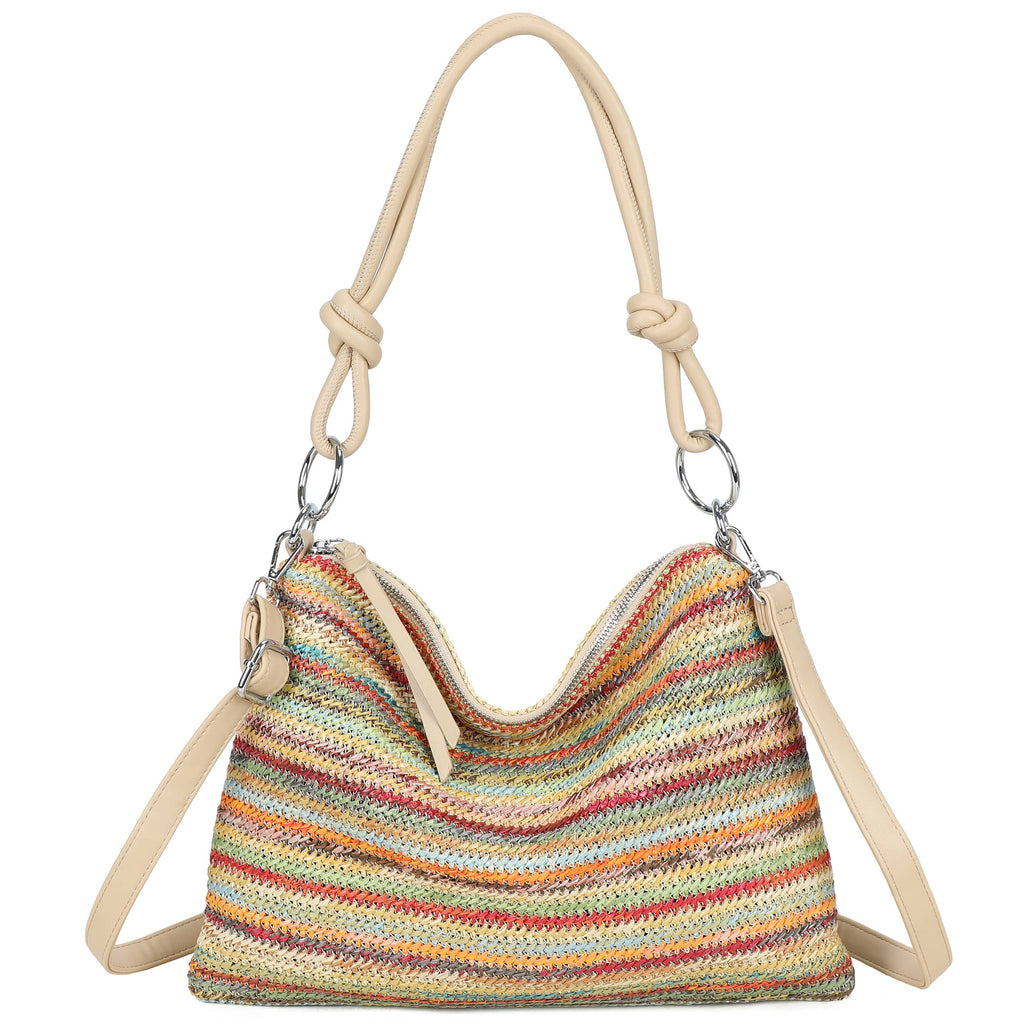 H681-4 Natural Straw Stripe Shoulder Bag with Knot Handle: Dark Rainbow