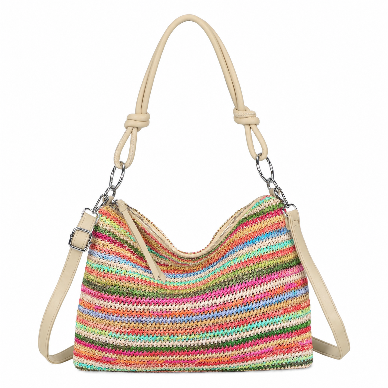 H681-4 Natural Straw Stripe Shoulder Bag with Knot Handle: Rainbow Green