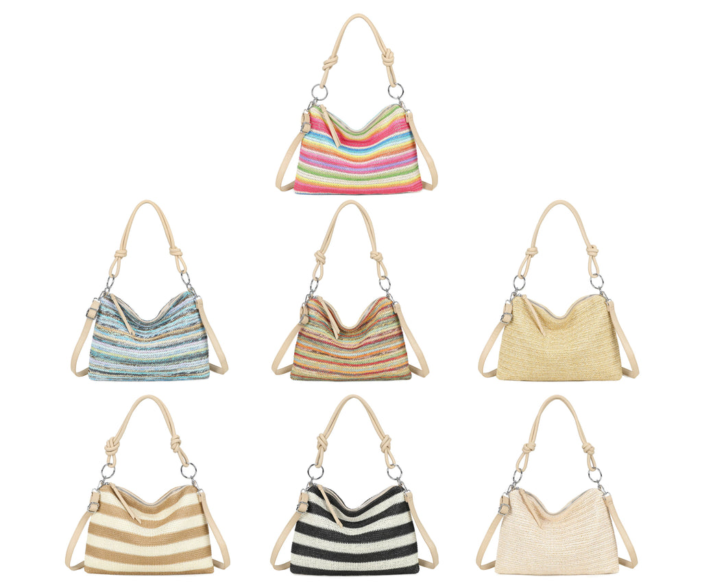 H681-4 Natural Straw Stripe Shoulder Bag with Knot Handle: Rainbow Green