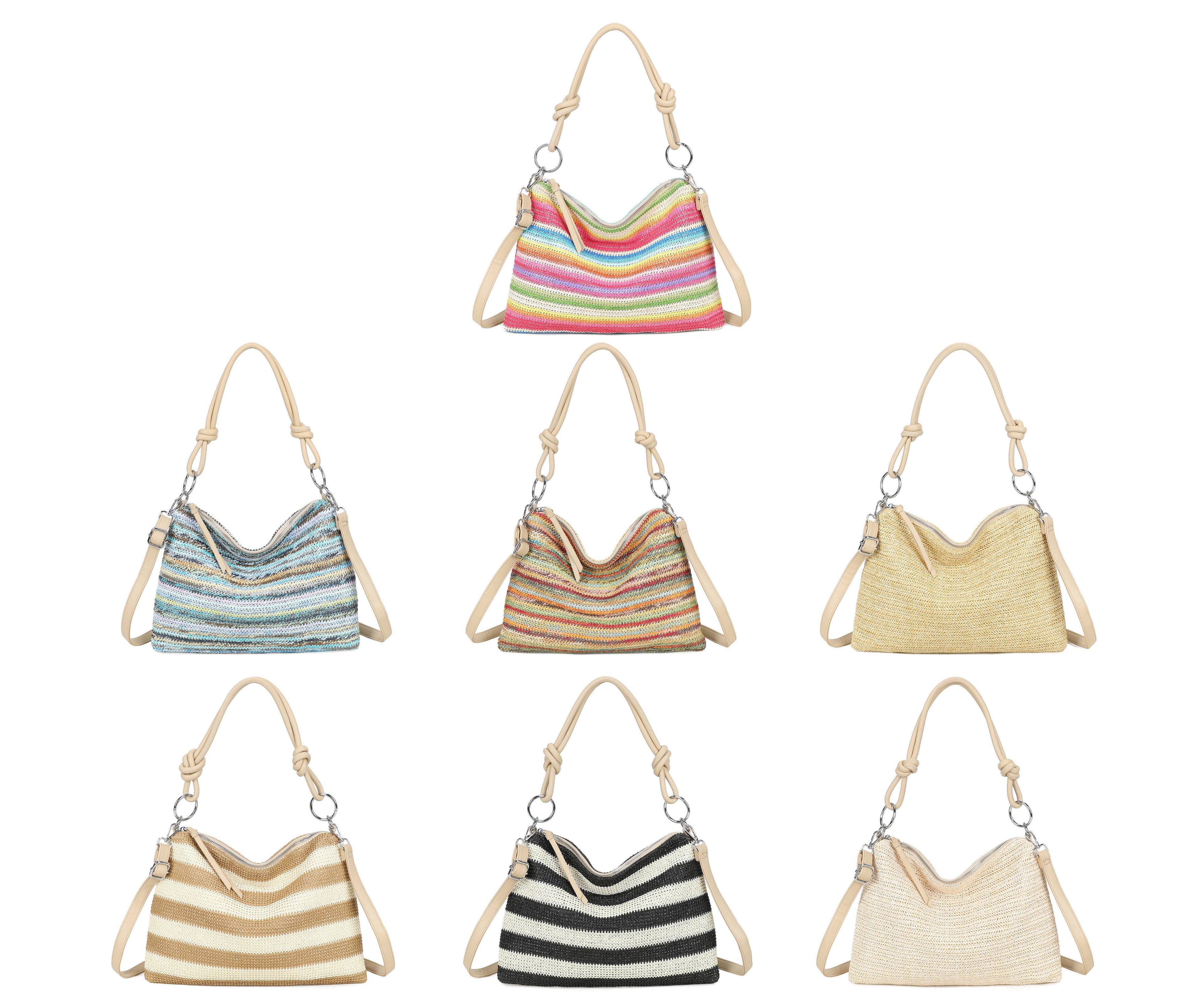 H681-4 Natural Straw Stripe Shoulder Bag with Knot Handle: Rainbow Green