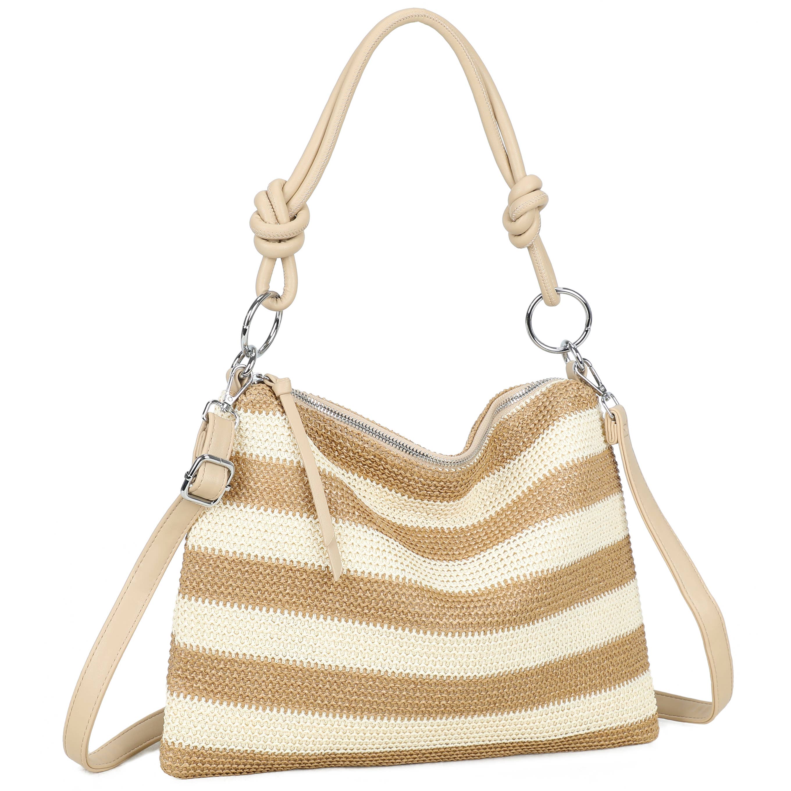 H681-4 Natural Straw Stripe Shoulder Bag with Knot Handle: Rainbow Green