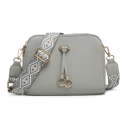 B23005-SS-Triple Zipped Sections Canvas Strap Cross Body Bag: Light Grey