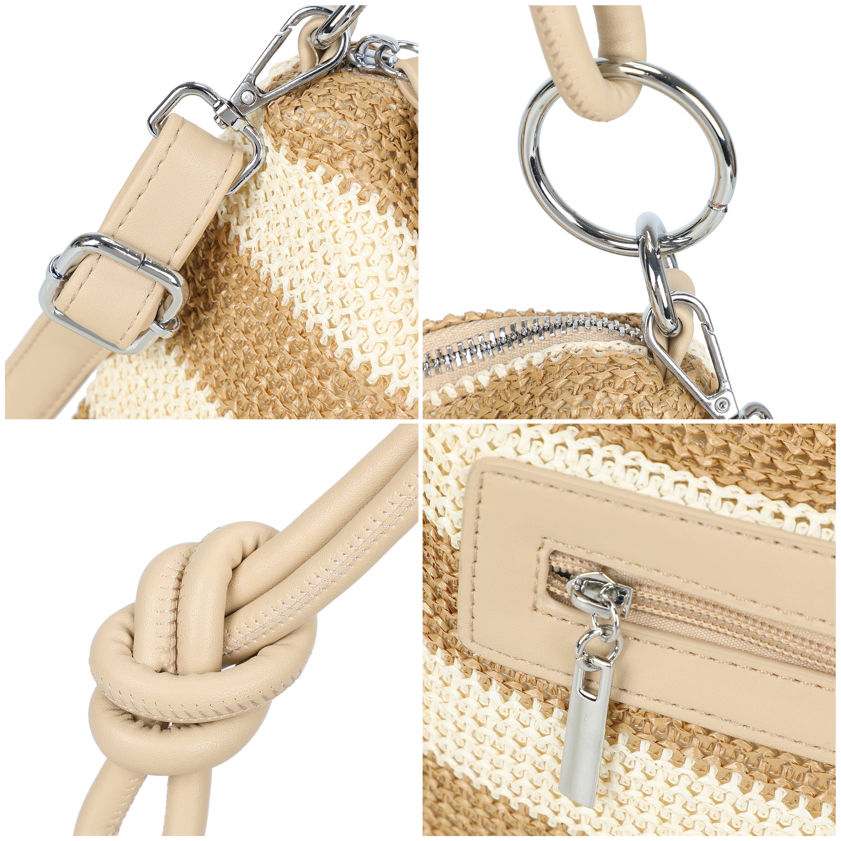 H681-4 Natural Straw Stripe Shoulder Bag with Knot Handle: Rainbow Green