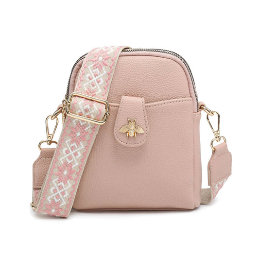 B23001 Bee Cross Body Handbag with double zip top sections: Pink