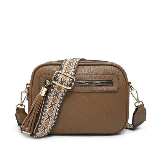 B23006 Cross Body Handbag with double zip top sections: Taupe