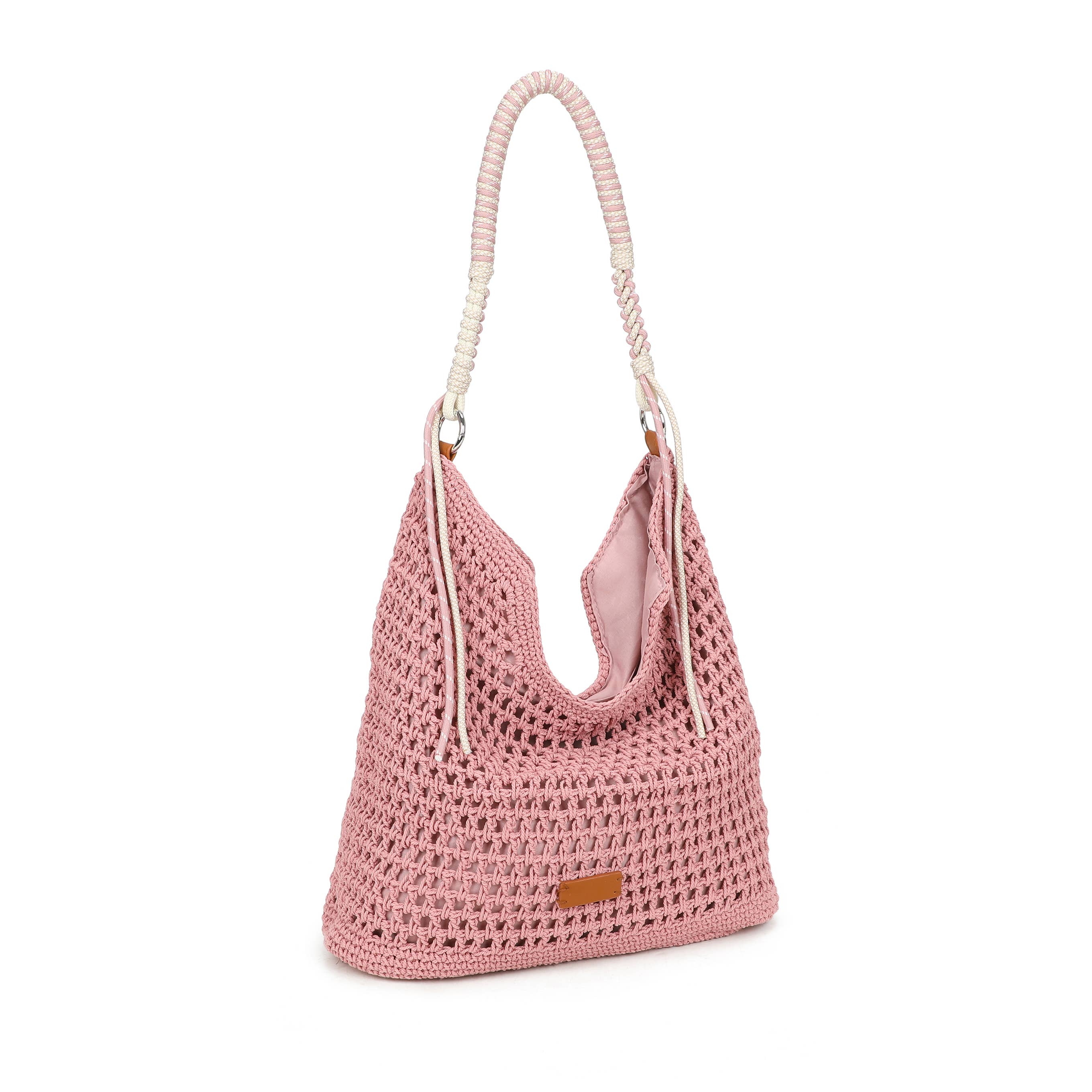 F9087 Crochet Hobo Bag with Rope Handle Detail: Rose