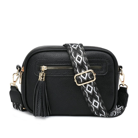 B23006 Cross Body Handbag with double zip top sections: Black