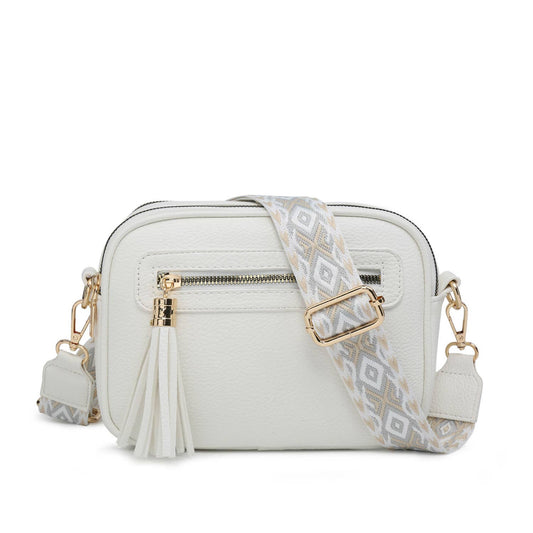 B23006 Cross Body Handbag with double zip top sections: White