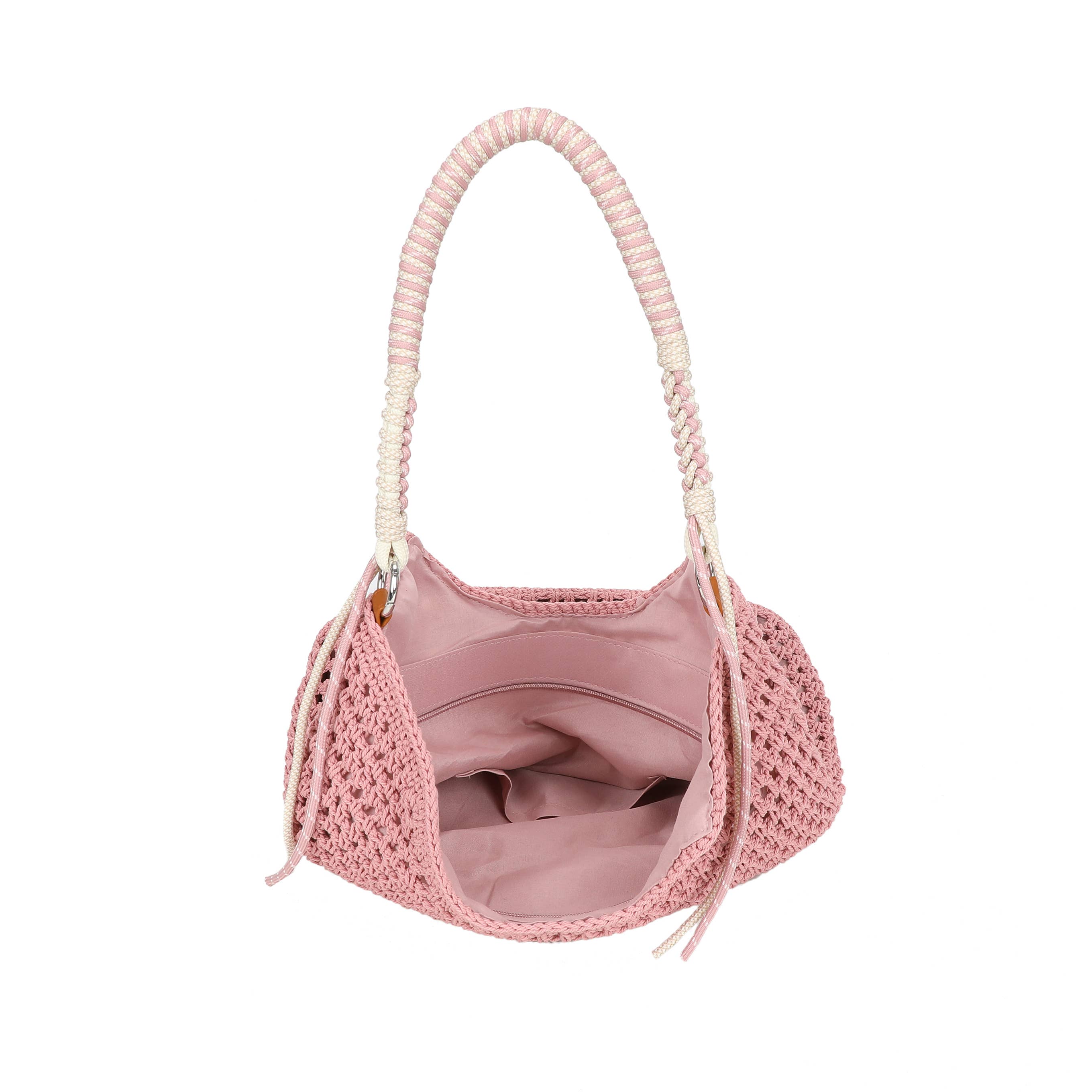 F9087 Crochet Hobo Bag with Rope Handle Detail: Rose