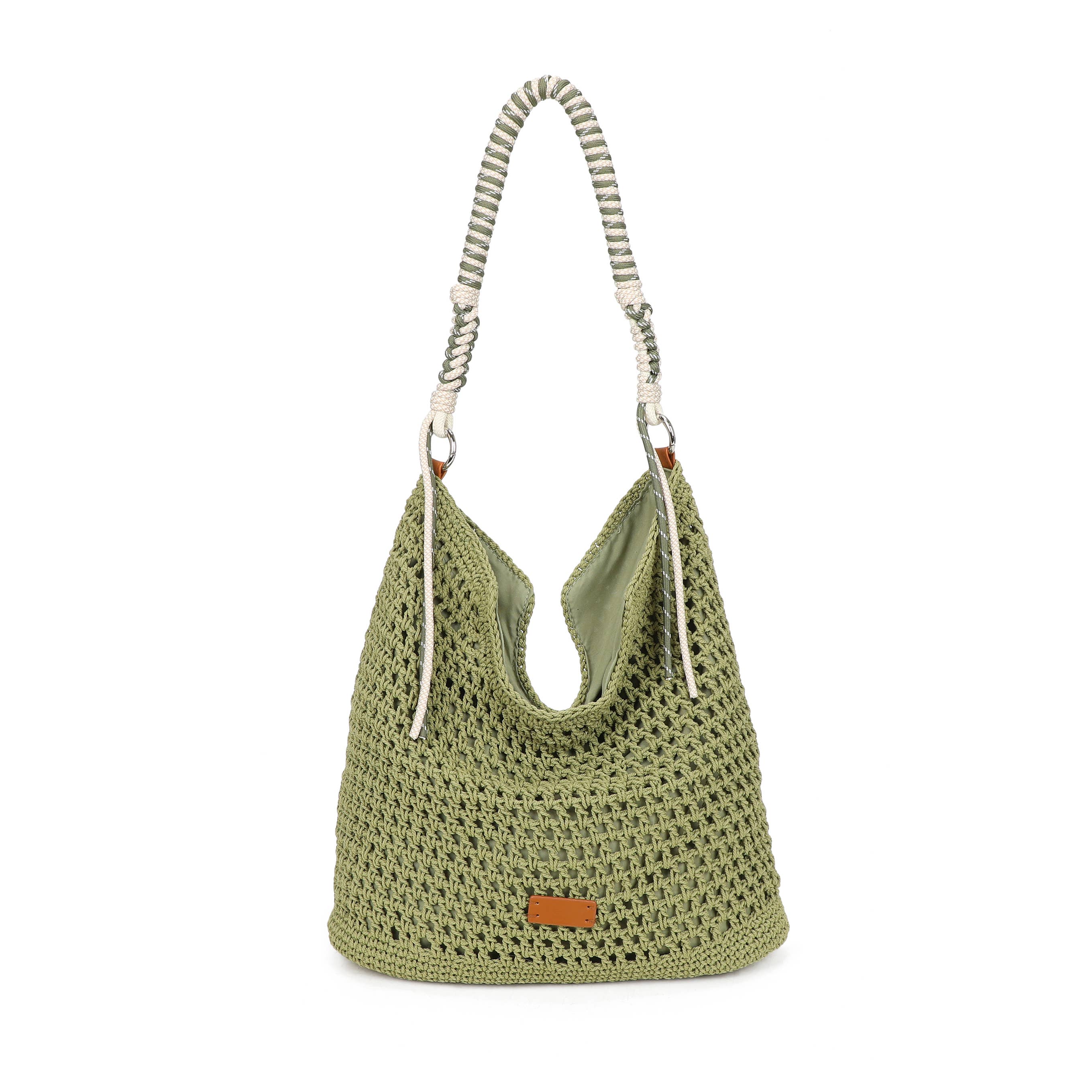 F9087 Crochet Hobo Bag with Rope Handle Detail: Rose