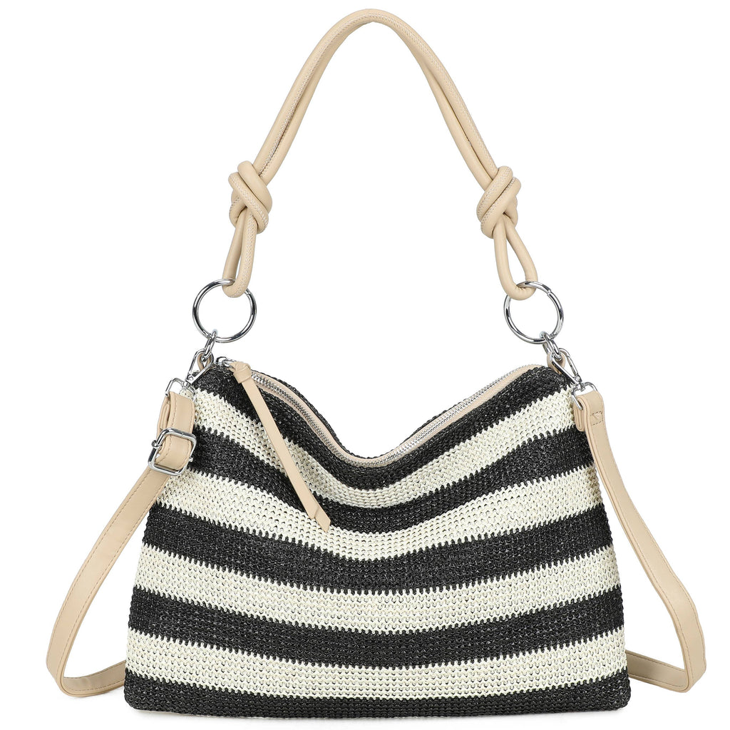 H681-4 Natural Straw Stripe Shoulder Bag with Knot Handle: Rainbow Green