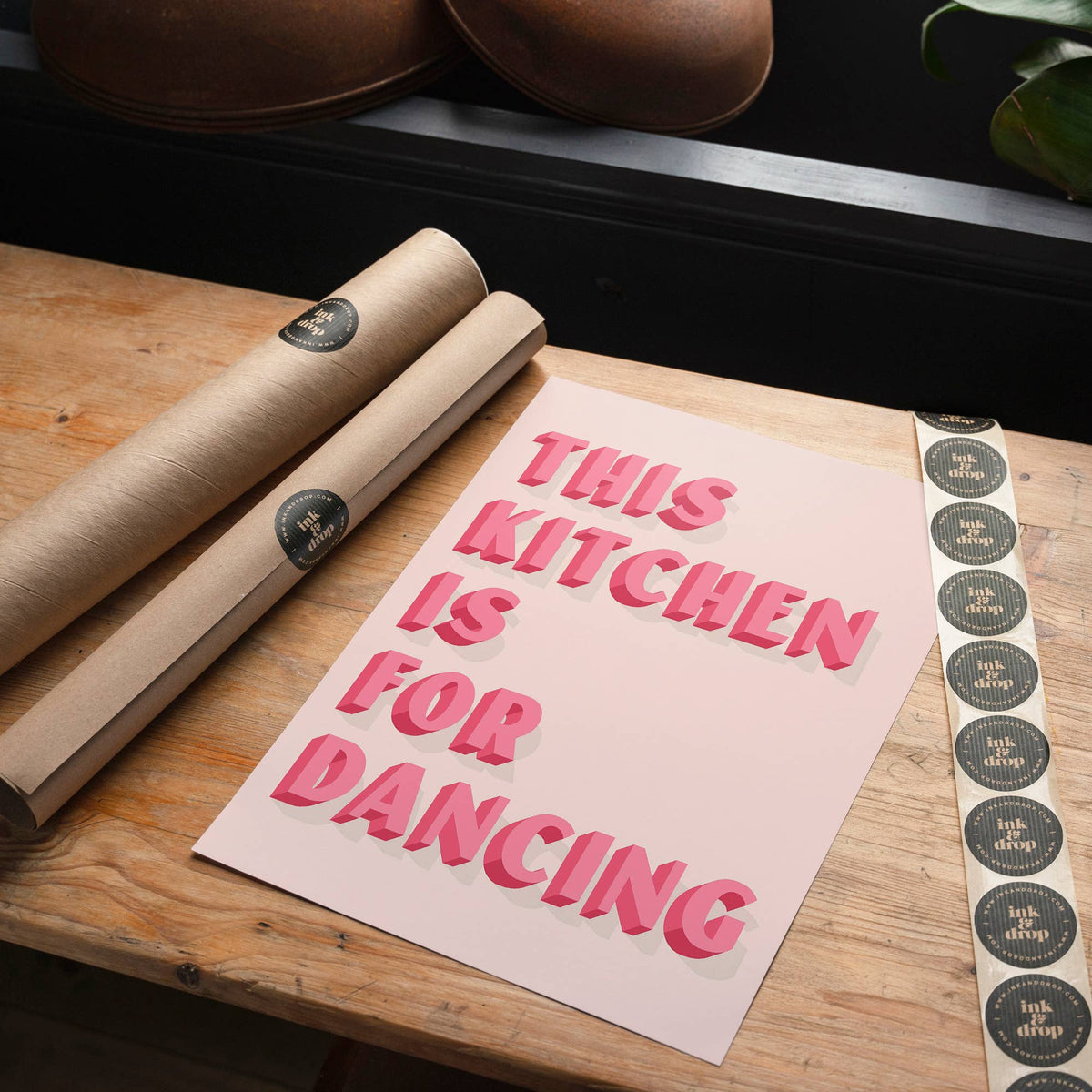 This Kitchen Is For Dancing Block Pink Quote Print: Matte / 8 ¼ x 11 ¾ in | 21x30 cm