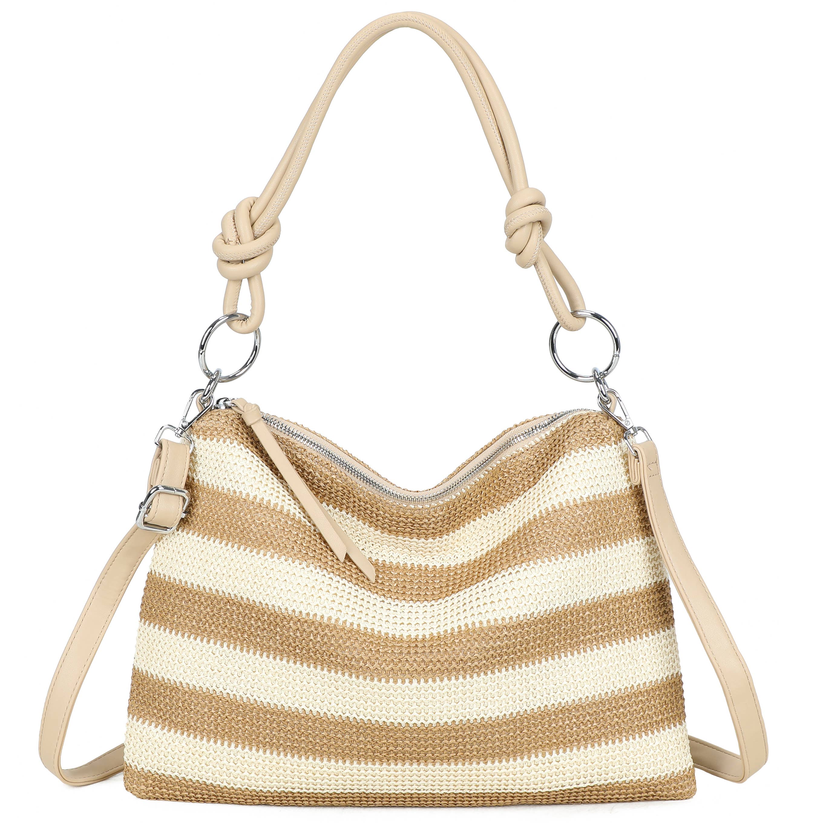 H681-4 Natural Straw Stripe Shoulder Bag with Knot Handle: Rainbow Green