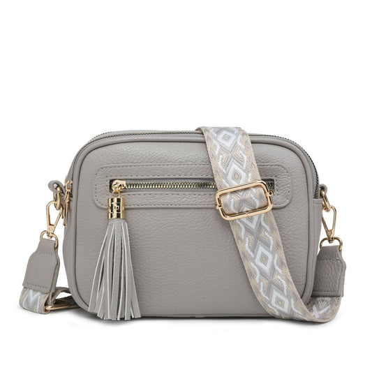 B23006 Cross Body Handbag with double zip top sections: Light Grey