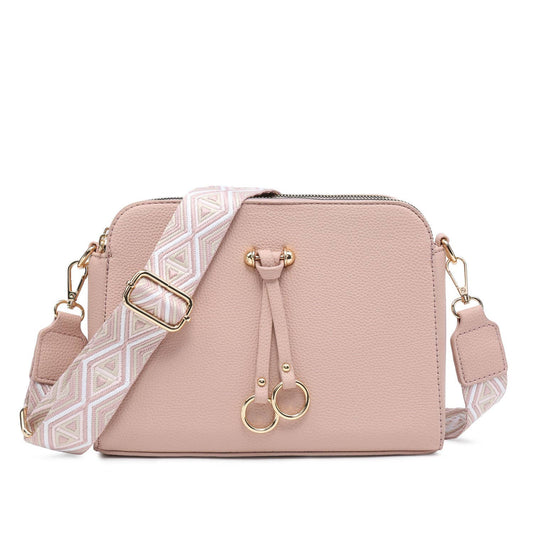 B23005-SS-Triple Zipped Sections Canvas Strap Cross Body Bag: Pink