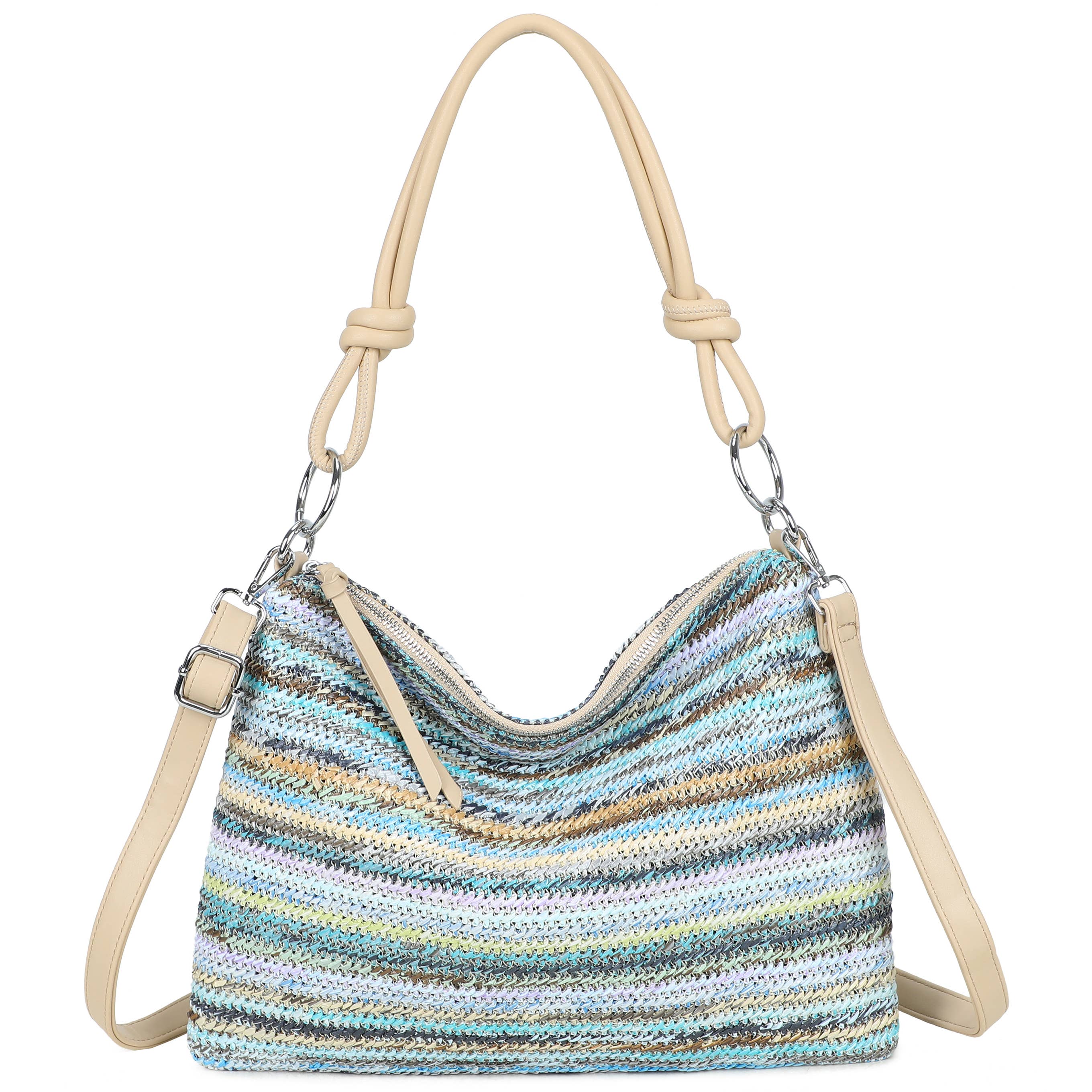 H681-4 Natural Straw Stripe Shoulder Bag with Knot Handle: Dark Rainbow