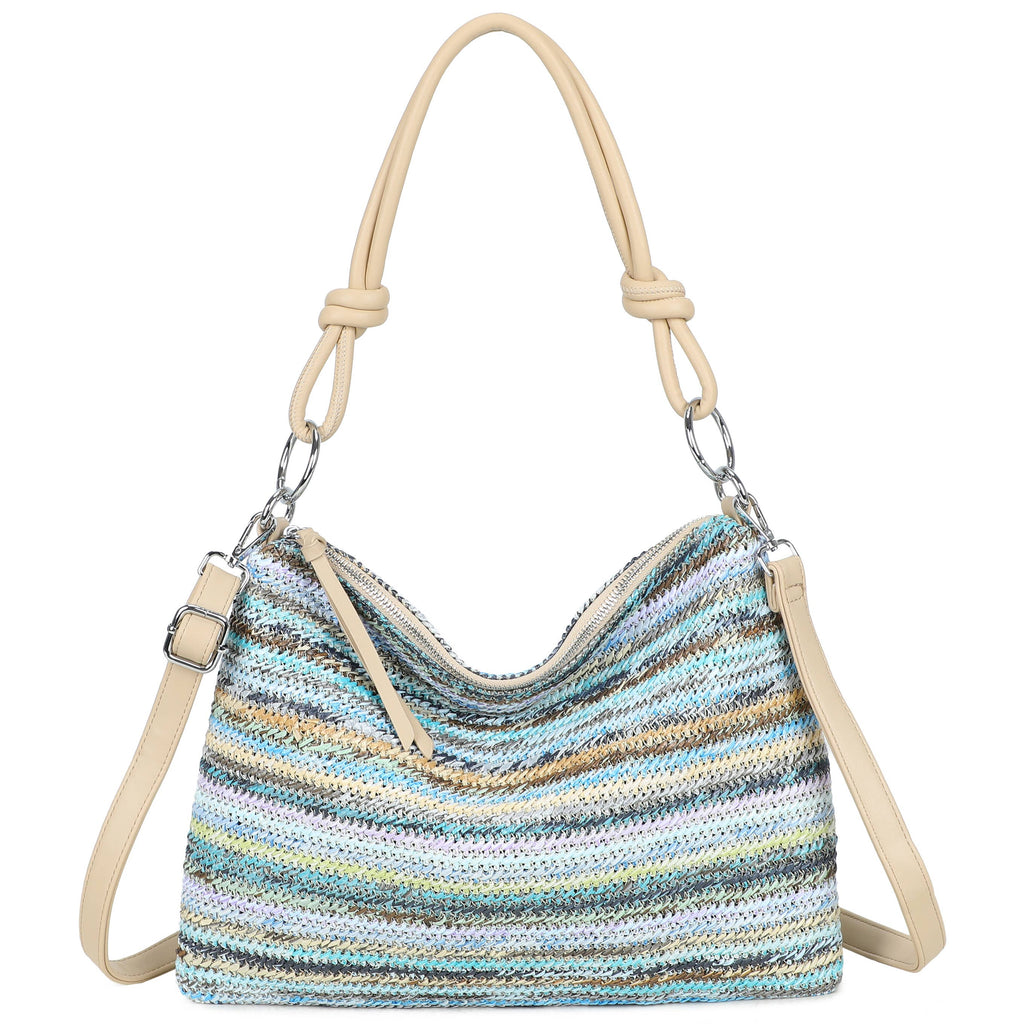 H681-4 Natural Straw Stripe Shoulder Bag with Knot Handle: Rainbow Green