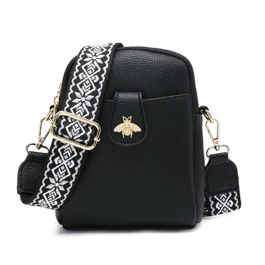 B23001 Bee Cross Body Handbag with double zip top sections: Black