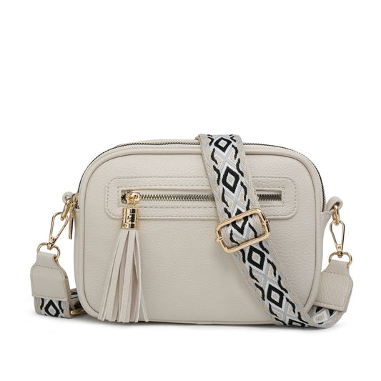 B23006 Cross Body Handbag with double zip top sections: Beige
