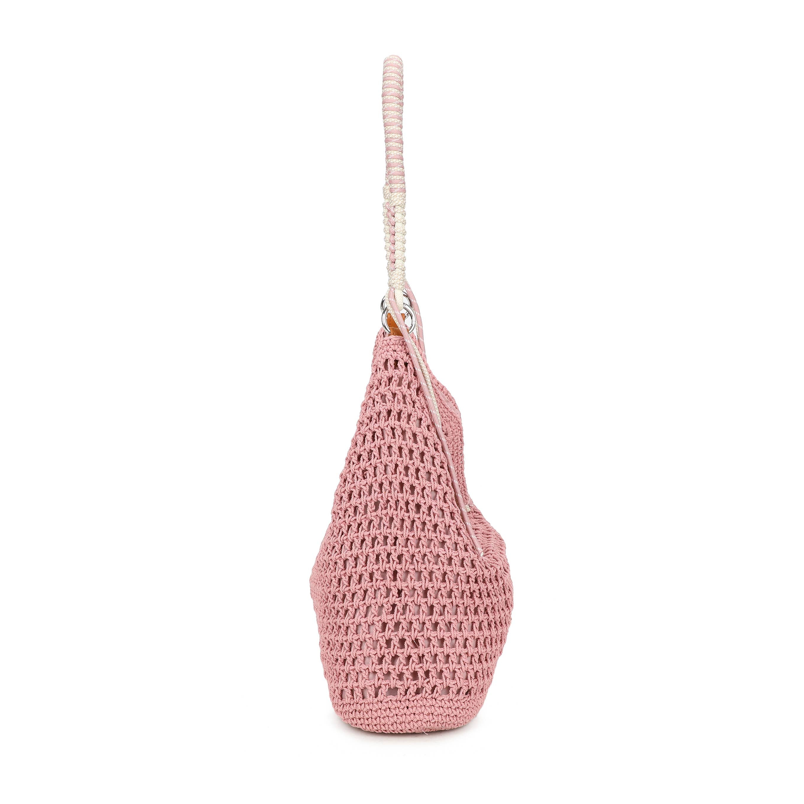 F9087 Crochet Hobo Bag with Rope Handle Detail: Rose