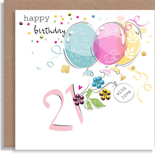 21 Balloons Birthday Hand-Finished Sequin Card - U14
