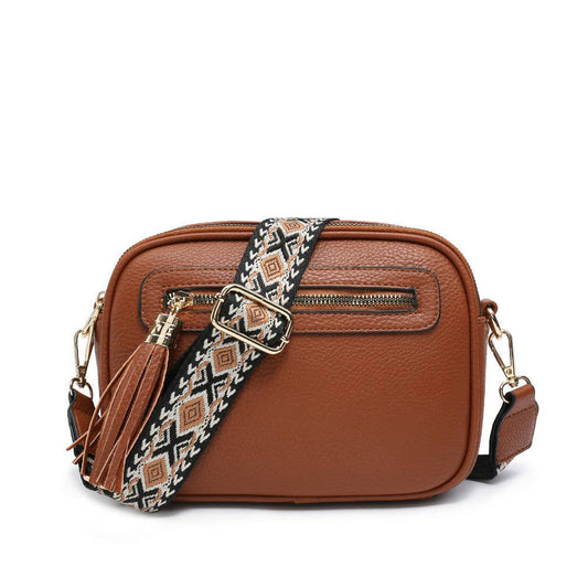 B23006 Cross Body Handbag with double zip top sections: Brown