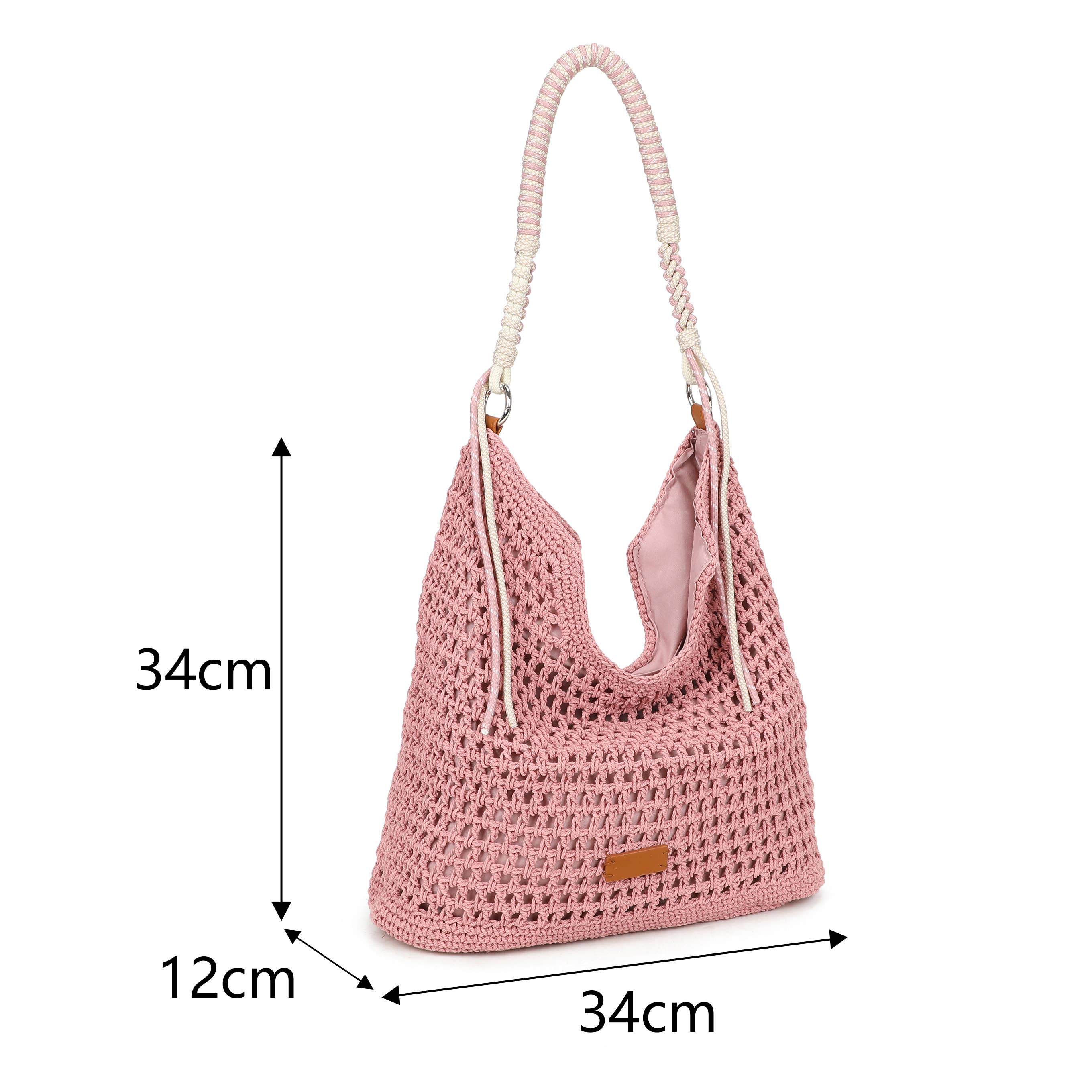 F9087 Crochet Hobo Bag with Rope Handle Detail: Rose