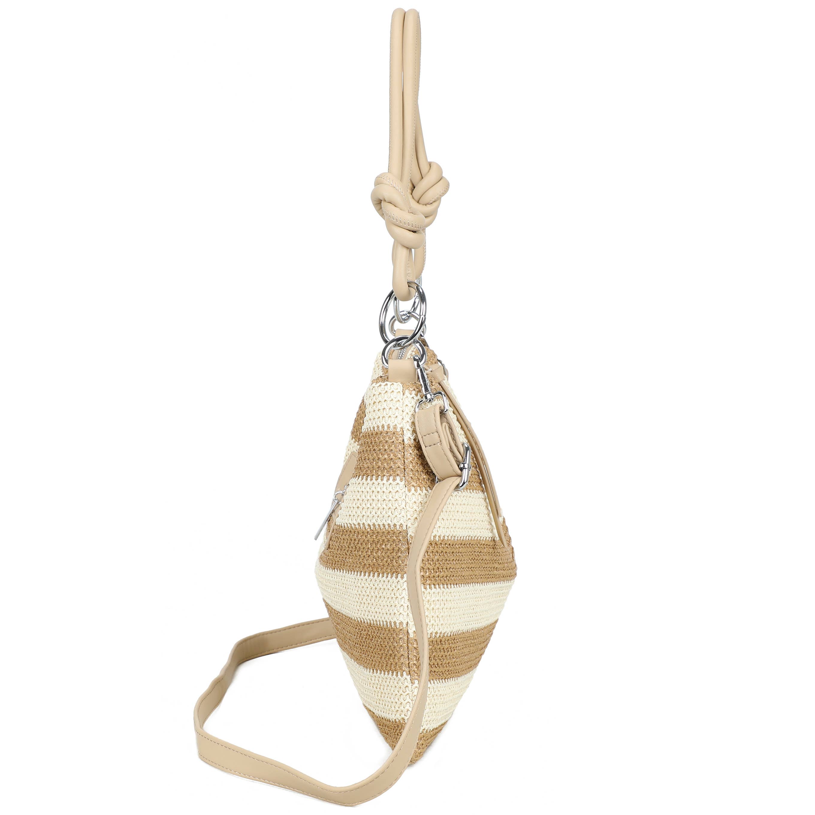 H681-4 Natural Straw Stripe Shoulder Bag with Knot Handle: Dark Rainbow