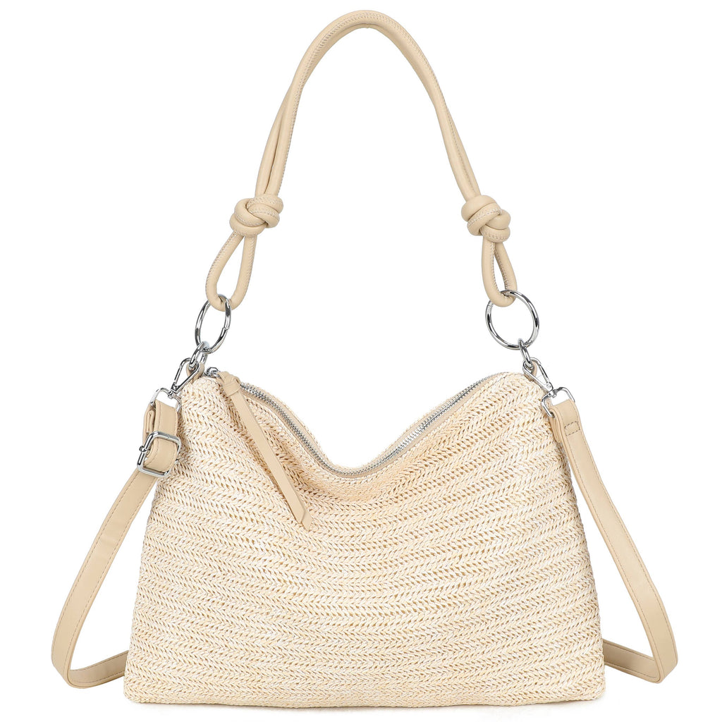 H681-4 Natural Straw Stripe Shoulder Bag with Knot Handle: Dark Rainbow