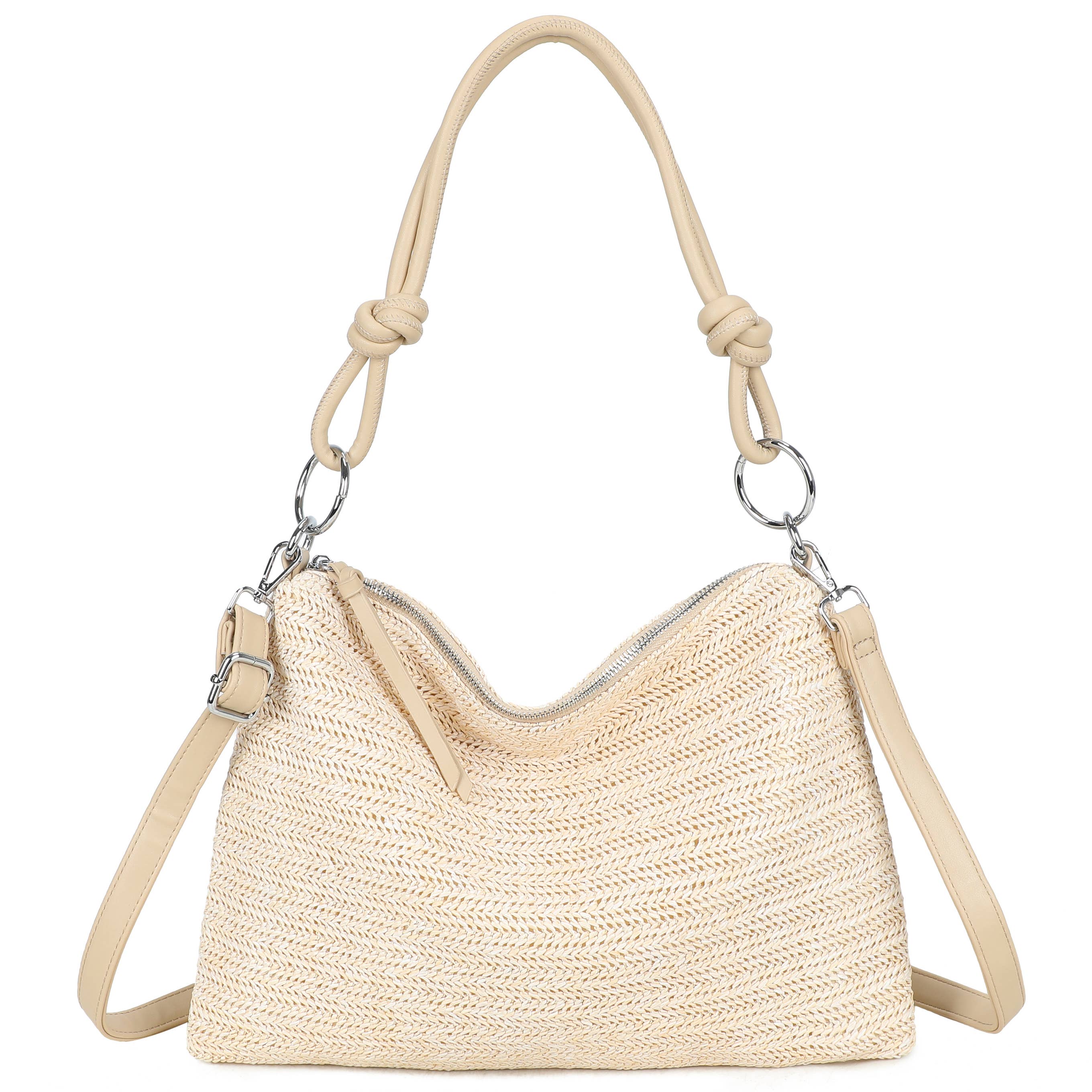 H681-4 Natural Straw Stripe Shoulder Bag with Knot Handle: Dark Rainbow