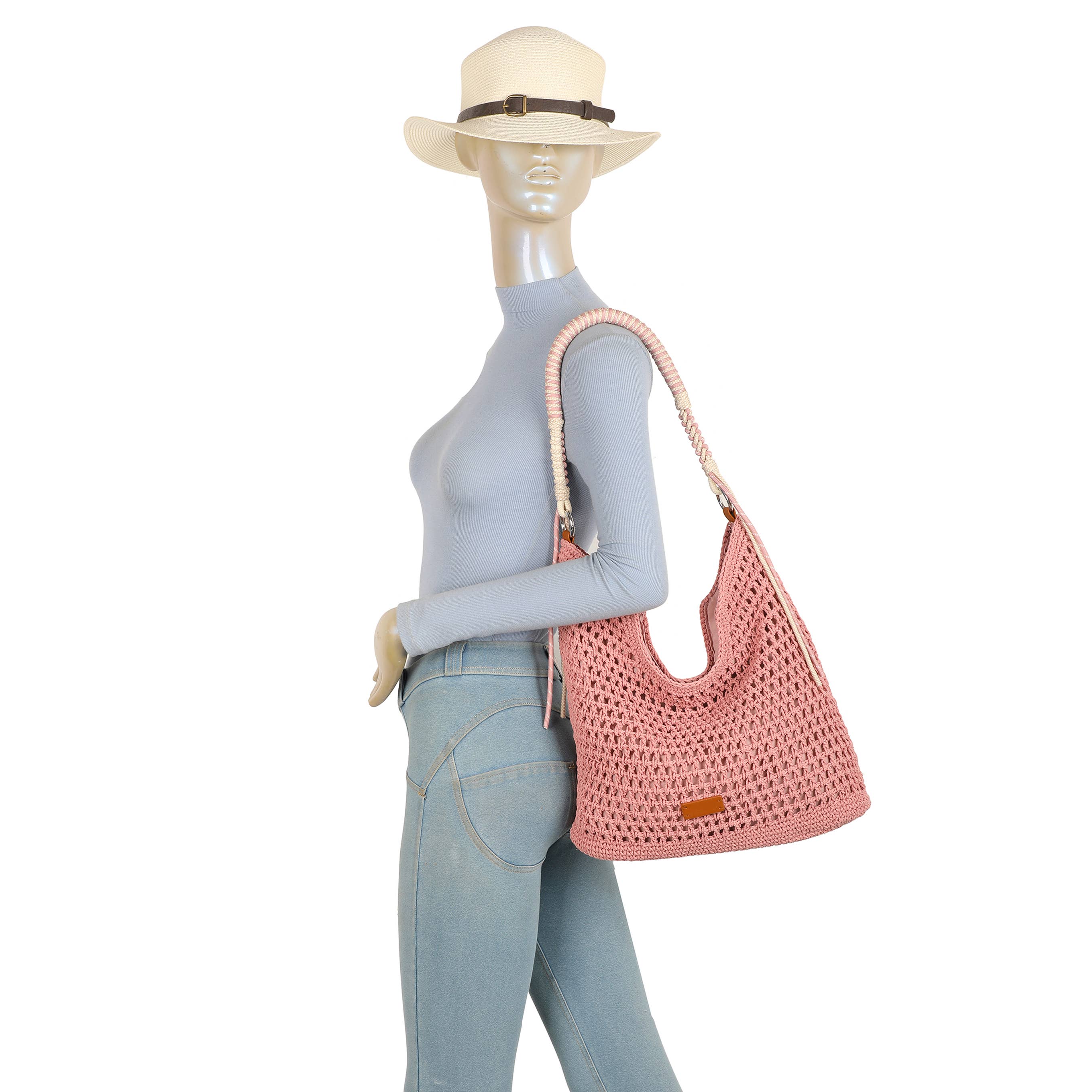 F9087 Crochet Hobo Bag with Rope Handle Detail: Rose