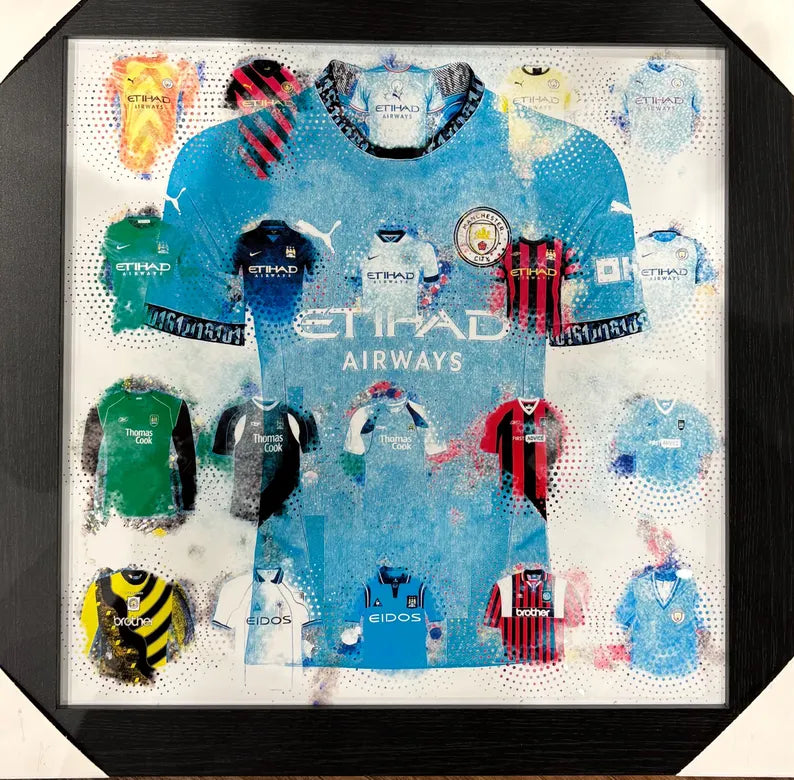 Manchester City Jersey Legacy Framed Art – Modern Iconic Kit Display