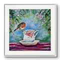 Framed Robin perched on a Country Roses teacup, 10'x10' limited edition print.